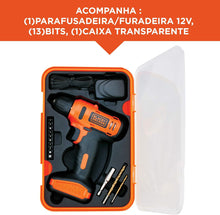 Carregar imagem no visualizador da galeria, Parafusadeira/Furadeira 12v Com 13 Acessorios + Caixa Black E Decker